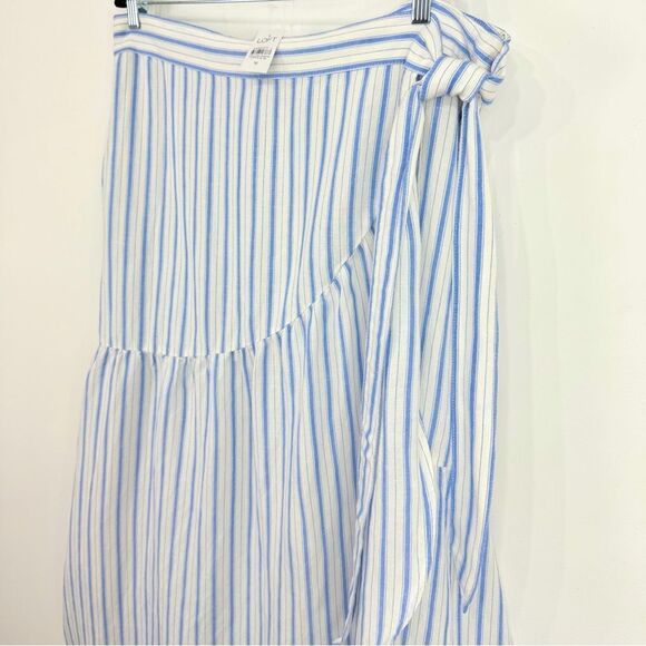 LOFT Cream Light Blue Vertical Stripe Linen Side Tie Front Wrap Skirt NEW - Picture 4 of 14